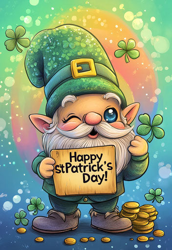 Cheerful gnome with St. Patrick's Day sign, gold pot rainbow