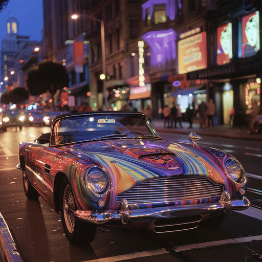 Aston Martin DB6 convertible with psychedelic paint, driving through the streets of San Francisco in the '60s.