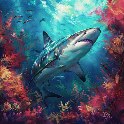 Tiger shark swimming in a vibrant coral reef