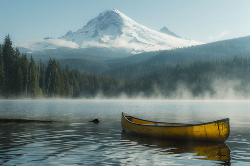 Mount Hood in Oregon with snow, Trillium Lake with a canoe on the water in the background and fog in the foreground, beauty and depth of field