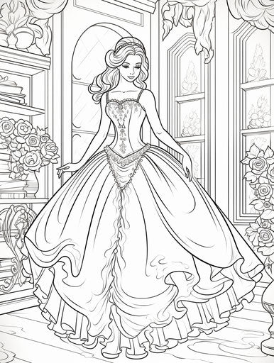 Ballerina coloring page in white gown, superflat style, precisionist lines 3:4