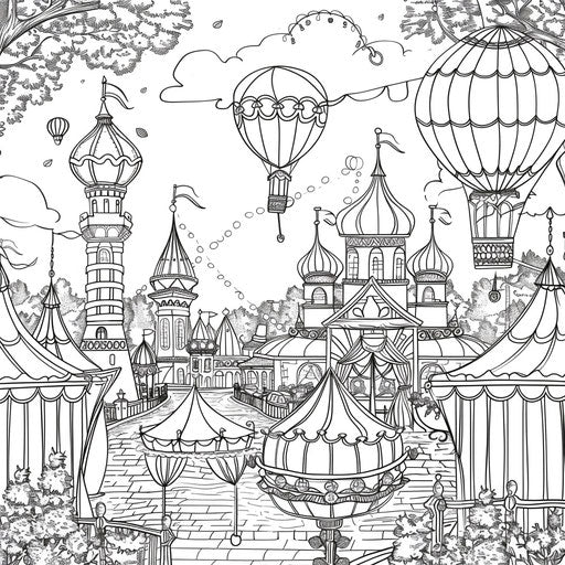 Spring parade with colorful floats and balloons. Coloring page