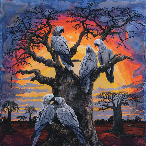 African grey parrots in baobab tree, socializing at sunset