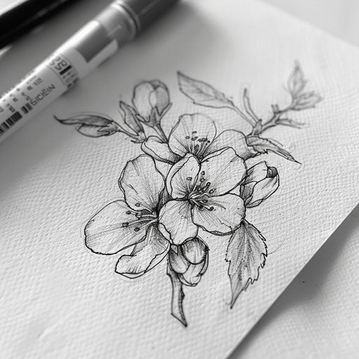 Sketch of a small cherry blossom tattoo, detailed with shading, on white artist's paper