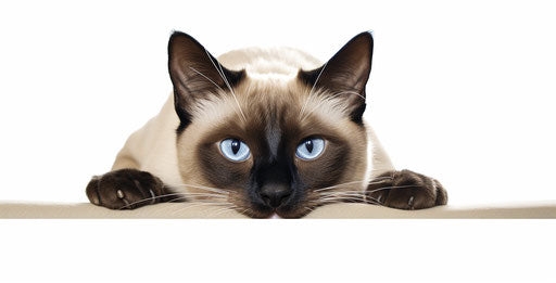 Siamese cat on white background, dark beige and blue style