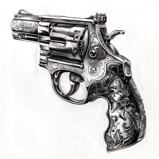 Realistic black and grey revolver gun tattoo design