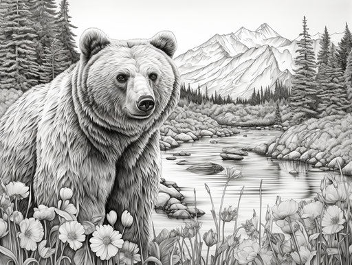 Bear coloring pages by country, romanticized wilderness style