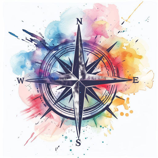 Bold tattoo sketch of a compass rose with thick outlines and pastel watercolor splash