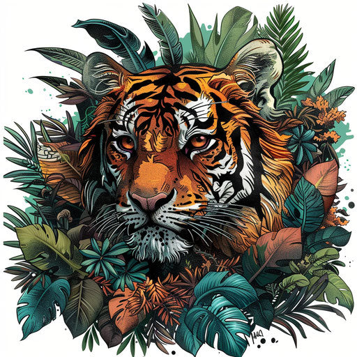 Dramatic tattoo sketch of a tiger in dense jungle foliage