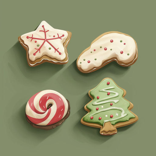 Christmas cookie clipart in a realistic portrayal with muted olive background