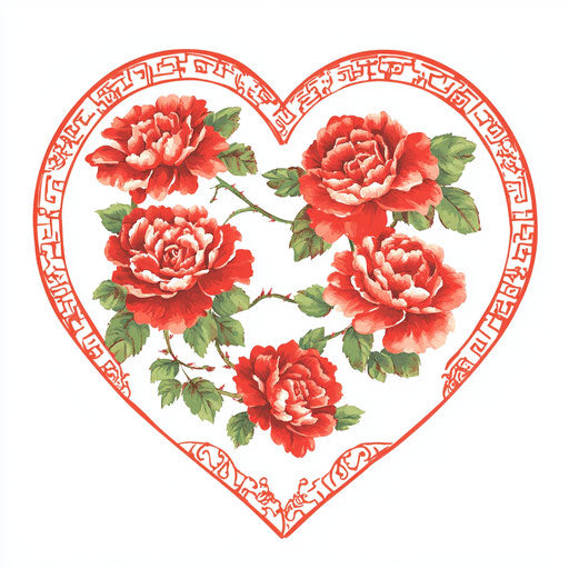 Heart-shaped red roses arrangement on white background