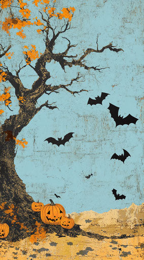 Halloween background with old tree, pumpkins, and bats