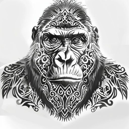 Polynesian style gorilla tattoo on white background