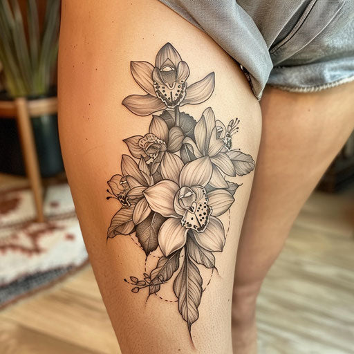 Bold sketch of birth flower bouquet with black and white orchids