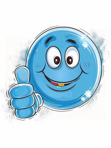 Blue cute smiley face, white background, cartoon style