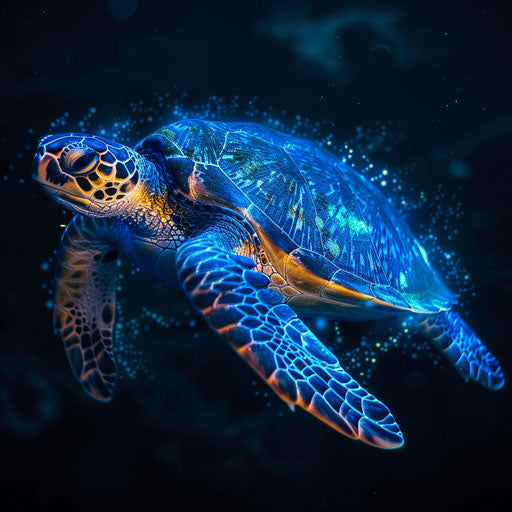 Sea turtle glowing with bioluminescent algae at night