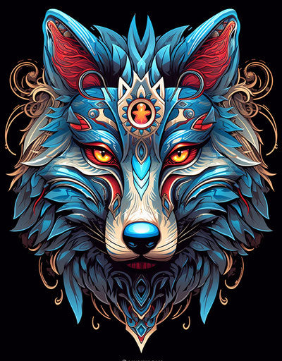 Tribal design of a wolf tattooed animal head
