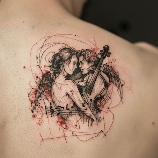 Harmonious tattoo sketch of angelic and diabolic music
