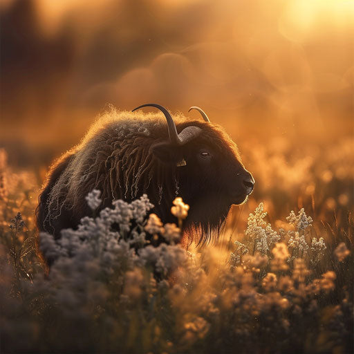 Musk ox in a peaceful meadow with warm lighting