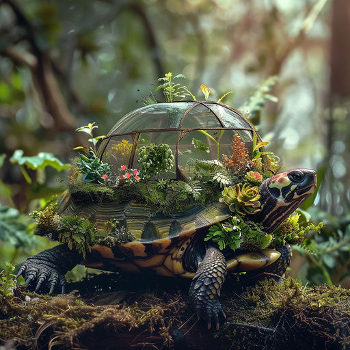 A turtle with a shell that is a mini greenhouse, full of exotic plants.