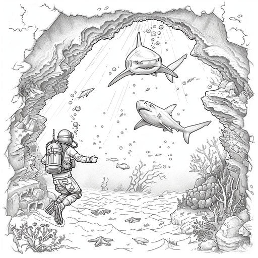 Exploring an underwater cave by a shark and a diver