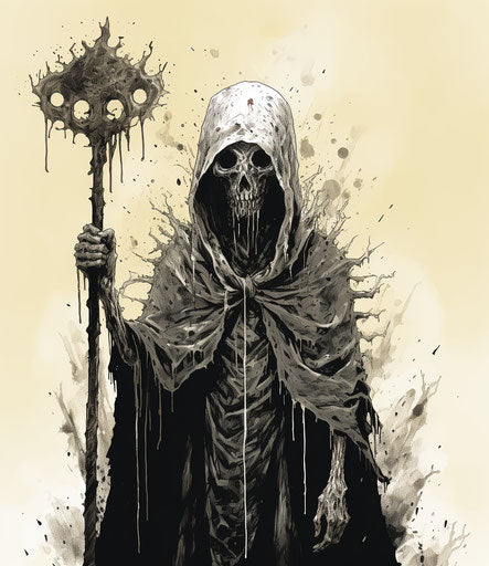 Person holding a skewer, mud on shirt, occultist draftsman style