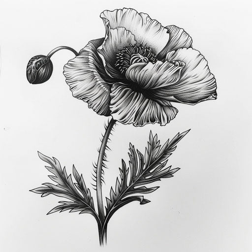 Blackwork poppy tattoo design on white background