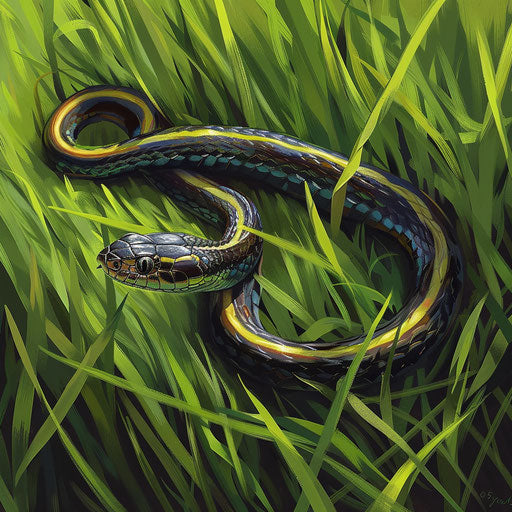 Striped snake slithering through vibrant green grass