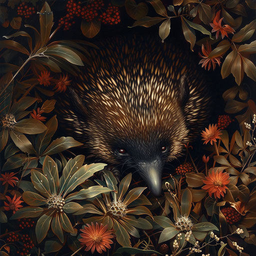 Echidna nestled in undergrowth, detailed and lifelike