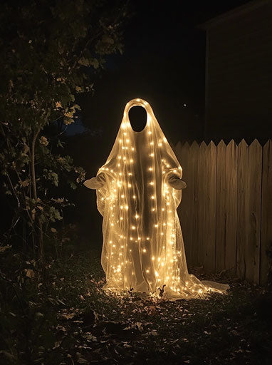 Spooky ghost costume glowing in the yard