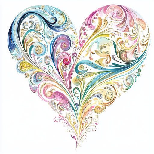 Whimsical heart-shaped design with intricate patterns and glitter