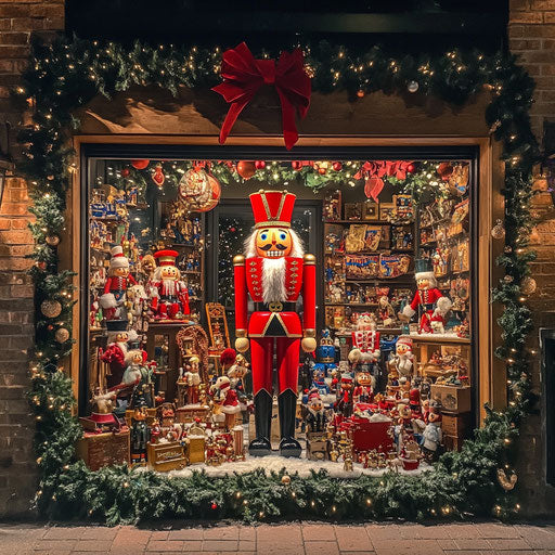 Festive storefront with life-size Nutcracker and antique toys