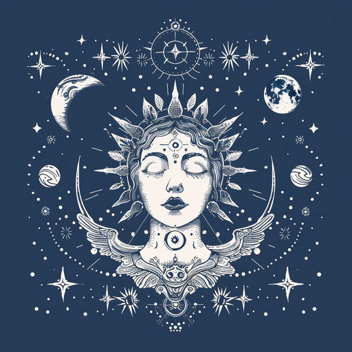 Mystical flat tattoo sketch of Venus surrounded by celestial symbols, deep space blue, clipart style