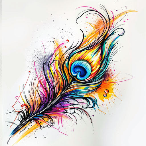 Graffiti-style peacock feather tattoo sketch with bright neon colors and street art influence