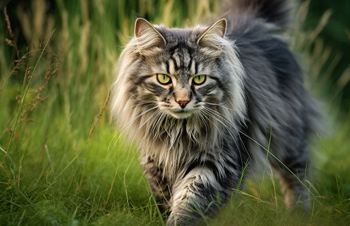 Gray long haired cat walking in grass