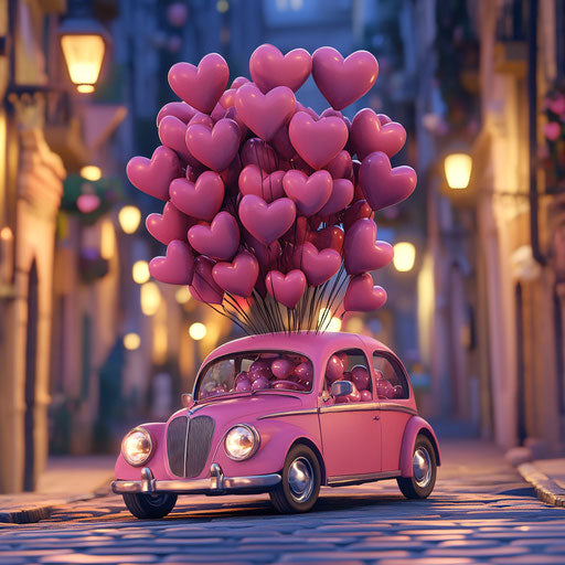 Pink car filled with heart-shaped balloons