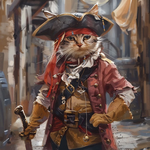 The cat in the pirate costume is standing, in light brown and maroon style
