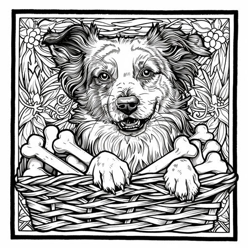 Dog with a basket of bones, in the style of Jen Bartel, Coloring book page