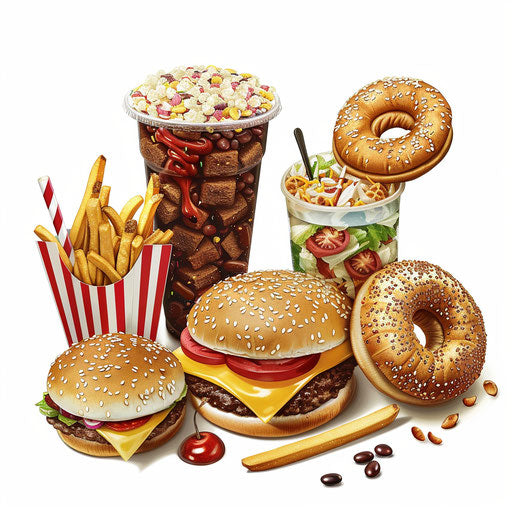 Junk food clipart in photo realistic style with flat white background