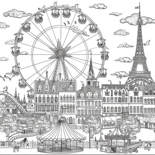 City with Ferris wheel and amusement park