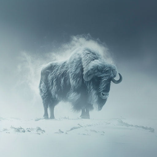 Musk ox in an ethereal snowy landscape in the style of Vincent Munier