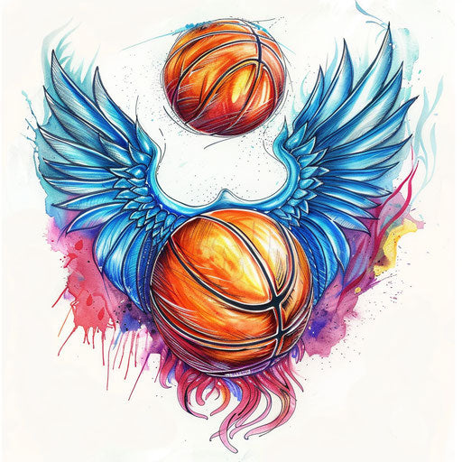 Whimsical tattoo sketch of a basketball with wings