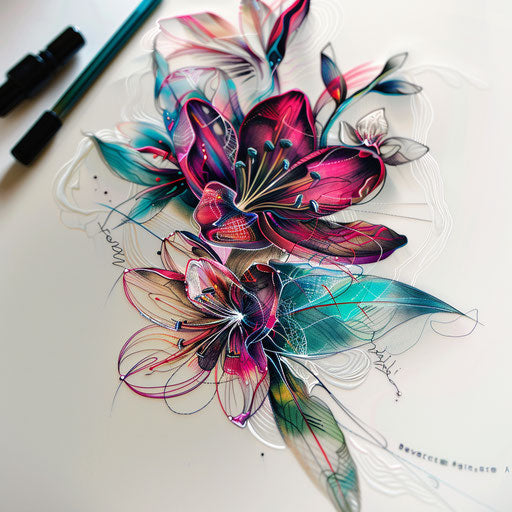 Futuristic floral tattoo design, with metallic and neon elements, on a white surface.