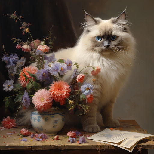 Birman cat playing with flowers