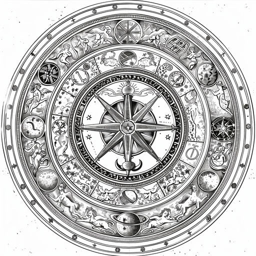 Celestial mandala with zodiac signs. Coloring book page