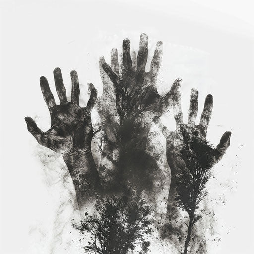 Zombie hands reaching out, horror tattoo concept on white