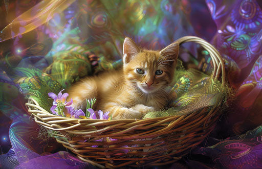 Kitten in basket with flower, captivating, purple and green