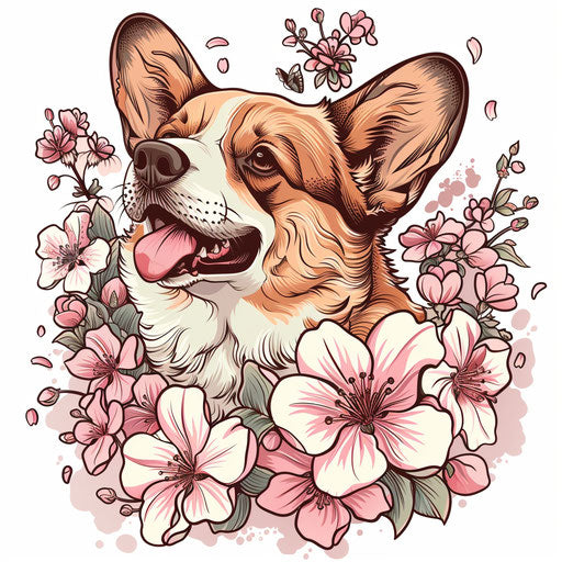 Charming clipart style flat tattoo sketch for a dog outline tattoo with a cute Corgi surrounded by pink cherry blossoms