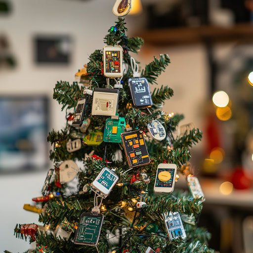 Tech-themed Christmas tree in a startup office