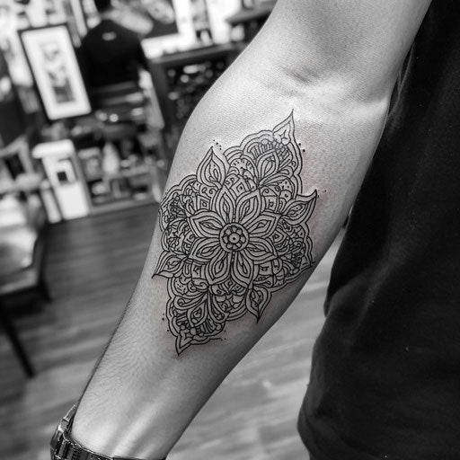 Intricate mandala pattern inner arm tattoos in the style of Ami James